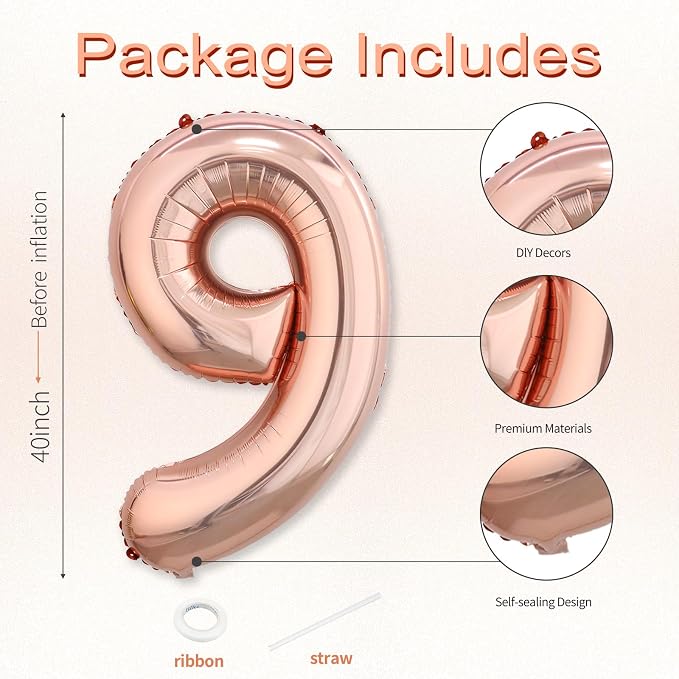 40 Inch Rose Gold Number 9 Balloon, Giant Number Balloons, Birthday Decor | - Image 3