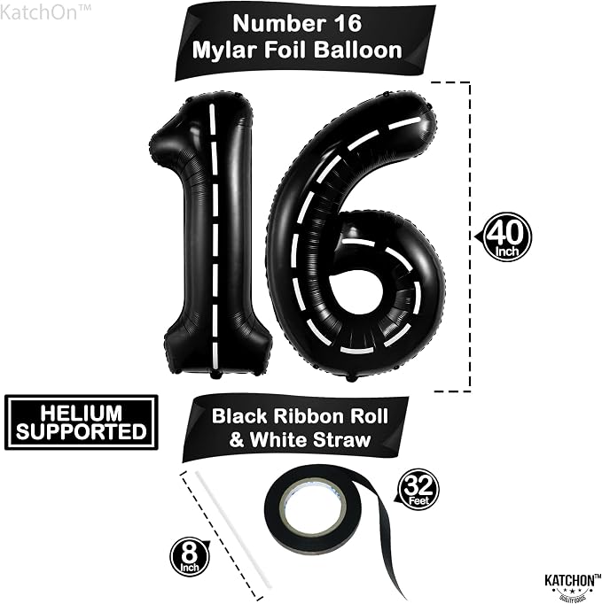 KatchOn Black 16th Birthday Balloons 40 Inch | 16 Balloon Numbers, 16th - Image 4
