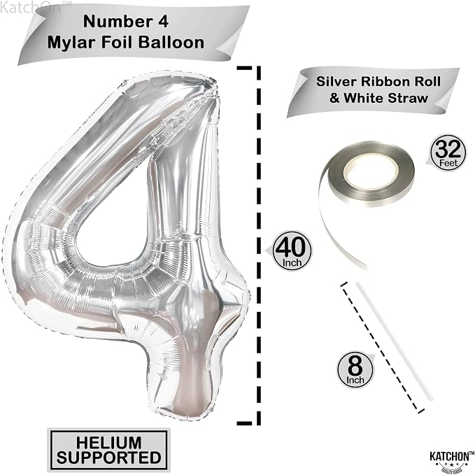 KatchOn Silver Number 4 Balloons 40 Inch, 4 Birthday Decorations | Silver 4 - Image 4