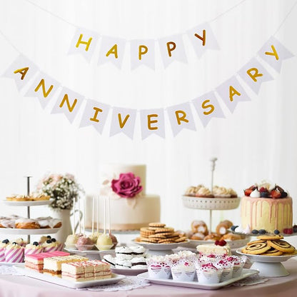 White Happy Anniversary Banner, Party Supplies - Image 4