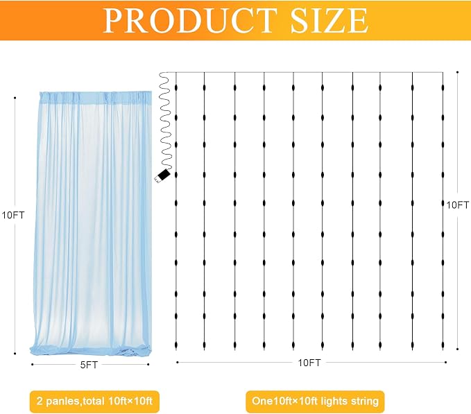 Tulle Backdrop Curtain with Lights Baby Blue 10x10ft Sheer Curtain Backdrop | - Image 2