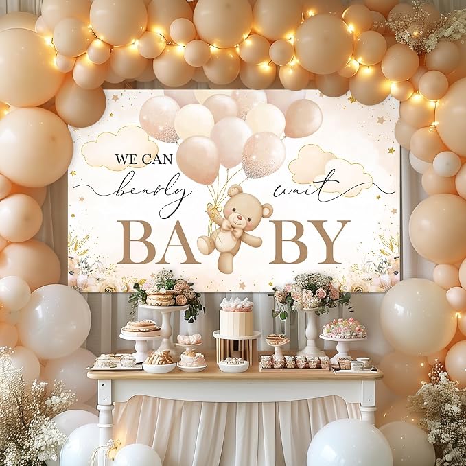 Mocsicka We Can Bearly Wait Backdrop Banner Brown Bear Baby Shower Banner Bear - Image 2