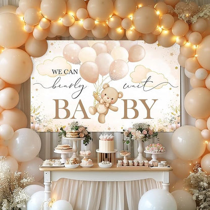 Mocsicka We Can Bearly Wait Backdrop Banner Brown Bear Baby Shower Banner Bear - Image 2