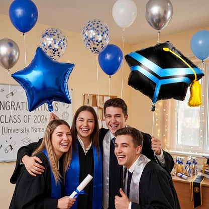 Blue Silver Graduation Balloons, Royal Light Blue Silver White Confetti Balloons - Image 8