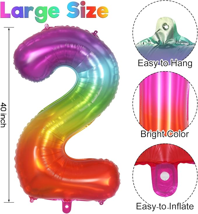 Rainbow Number 2 Balloon 40 Inch, Big Large Foil Number Balloons, Gradient - Image 3
