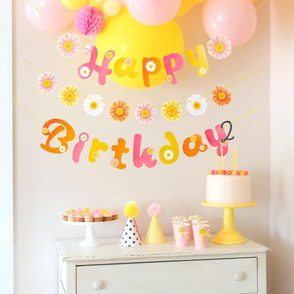 SUNBEAUTY Flower Daisy Happy Birthday Banner Groovy Party Banners Groovy Party - Image 5