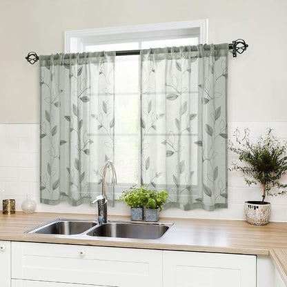 HOMEIDEAS Sage Green Sheer Kitchen Curtains 30 X 36 Inch Length 2 Panels by HOMEIDEAS