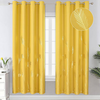 Yellow Blackout Curtains for Bedroom, Room Darkening Gold Palm Tree Pattern by ESTELARTEXTILER