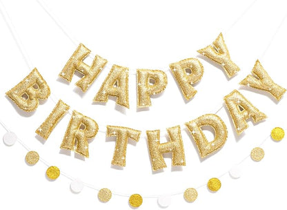 Pre-strung Gold Glitter Happy Birthday Banner Reusable Birthday Decorations | by Unknown