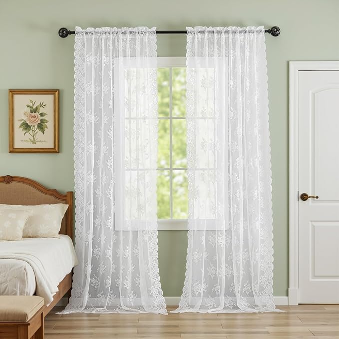 Kotile White Floral Sheer Lace Curtains - Image 5