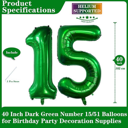 Dark Green 15 Number Balloons, 40 Inch Giant Number 15 Balloons Foil Mylar - Image 2