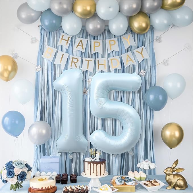 15th Birthday Balloons for Boys, Pastel Sky Blue Large Helium Mylar 15 Balloon - Image 6