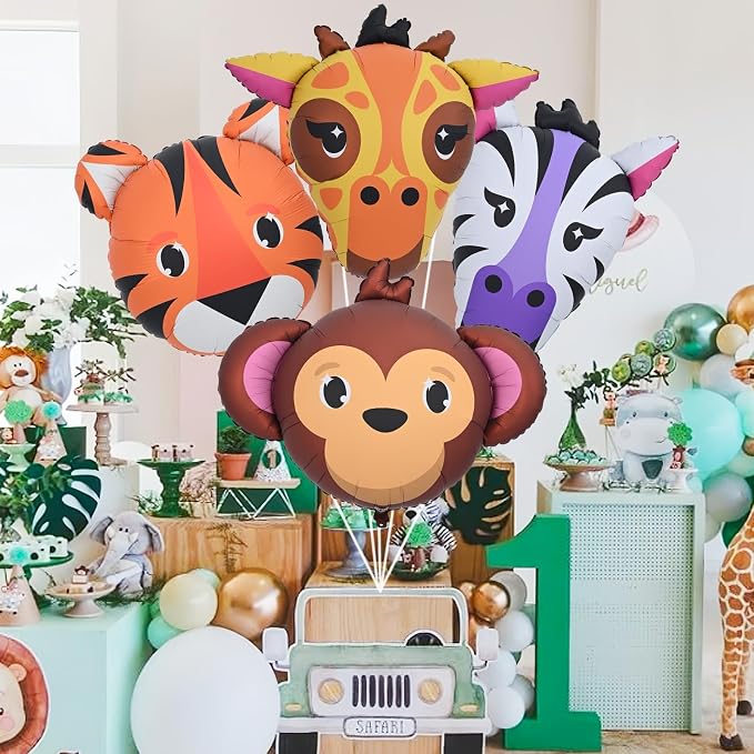 4pcs Large Jungle Safari Animal Balloons, Tiger Giraffe Zebra Monkey Head Foil - Image 6