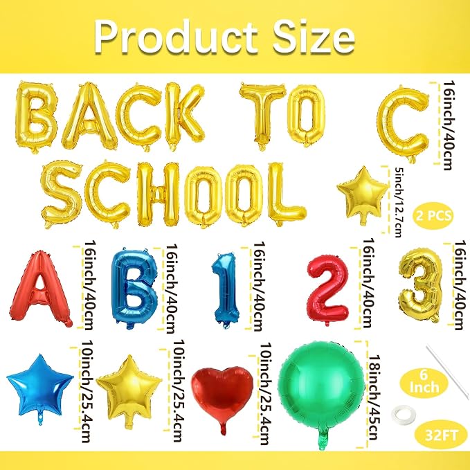 16 Inch Gold Foil BACK TO SCHOOL Letter Balloon Set, ABC 123 Balloons, and - Image 2