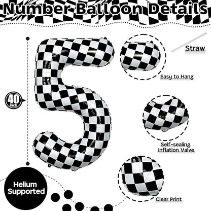 40 Inch Checkered 5 Number Balloons, Large Foil Self Inflating 5th Birthday - Image 2