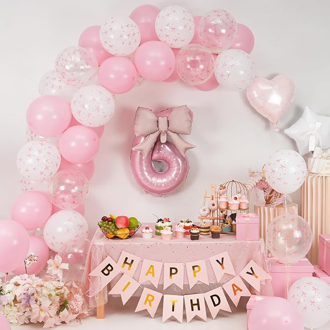 6th Pink Bow Birthday Decorations, 6th Birthday Balloon | Pink White Pastel Bow - Image 7