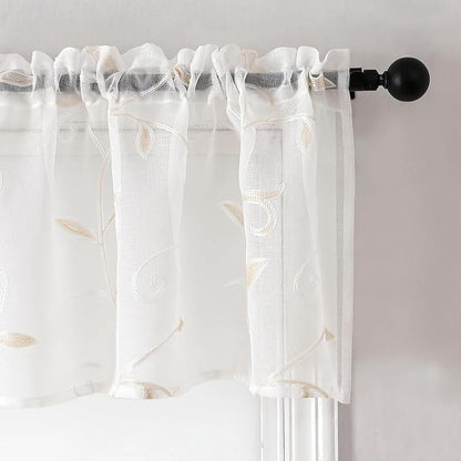 Kitchen Sheer Cafe Curtains Embroidered Leaves Beige 54Wx16L | Light Filtering - Image 2