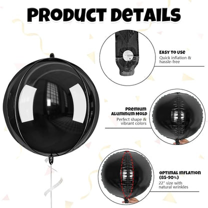 Black Balloons Foil, Metallic Black 4D Ball Balloons, 22 Inch Round Balloon - Image 8