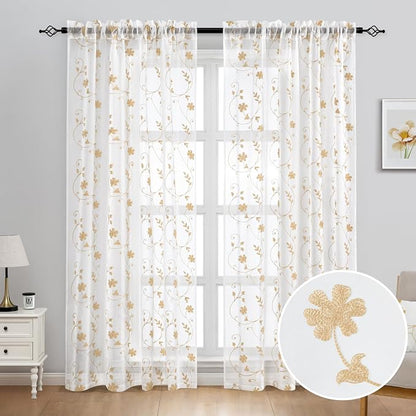HOMEIDEAS Yellow Sheer Curtains 84 Inches Long 2 Panels Yellow and White - Image 2