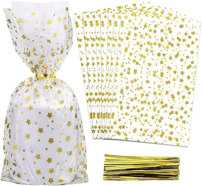 100 Pcs Star Printed 5"X 11" Gift Wrap Cello Cellophane Treat Bags Party Favor by COQOFA