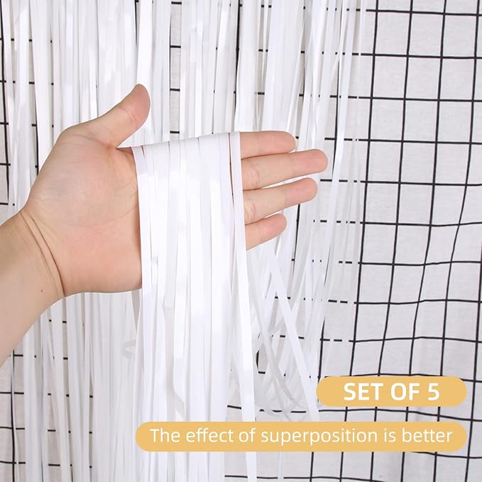 5 Pack White Foil Curtain Backdrop 3.2ft x 9.8ft Metallic Tinsel Foil Fringe - Image 2