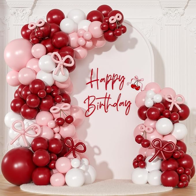 Pink Red Balloon Arch Kit, Cherry Birthday Valentine Decor | Double Stuffed by NUTTYBASH