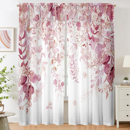 Pink Floral Leaf Sheer Curtains - Image 2