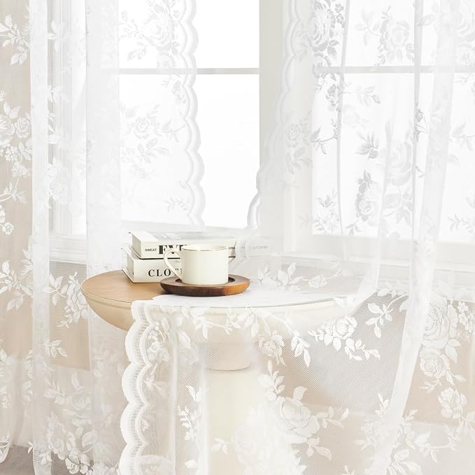 SEEKRIGHT White Lace Curtains 63 Inch Length 2 Panels Set Victorian Floral - Image 4