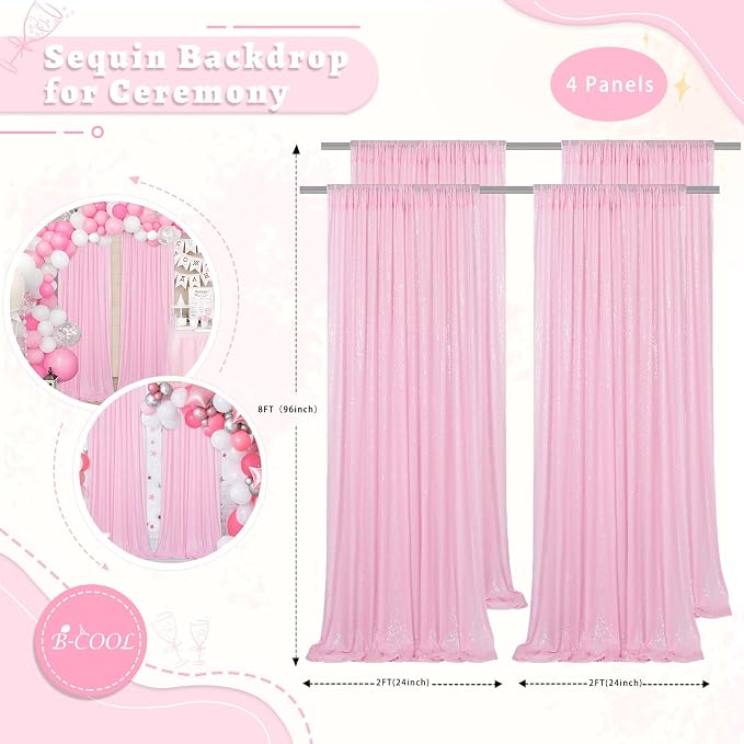 Pink Sequin Backdrop Curtains 4 Pcs 2ftx8ft Glitter Shimmer Fabric | Sparkly - Image 3