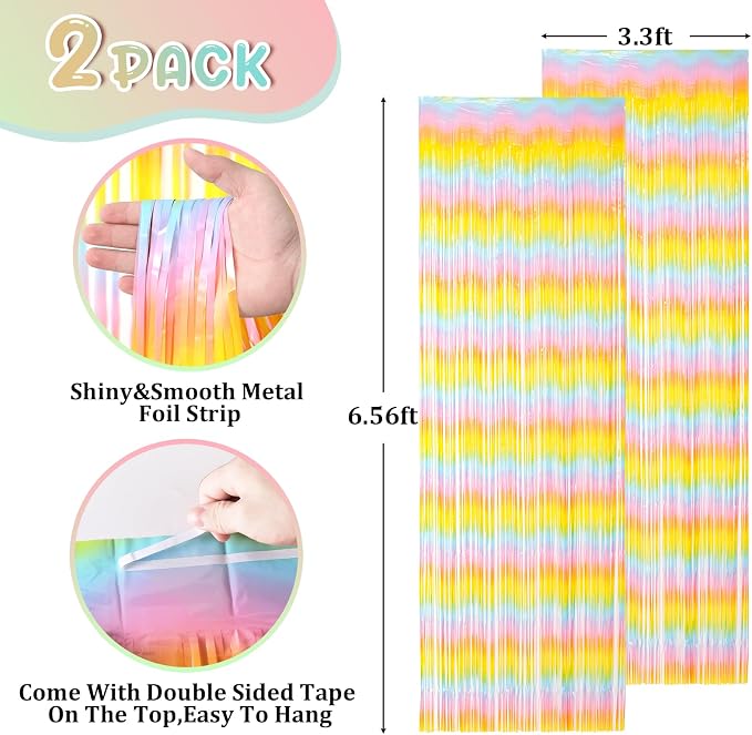 Voircoloria Pastel Foil Fringe Backdrop Curtains, 2 Pack | Tinsel Streamers - Image 2