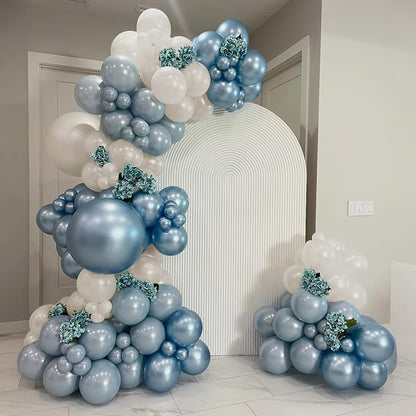 Dusty Blue White Balloons, Double Stuffed Pearl Light Baby Metallic Slate Blue - Image 4