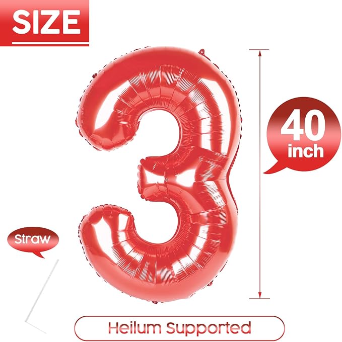 3 Balloon - Red Birthday Number Balloons, 40 Inch Decorations Men Women | Red - Image 5