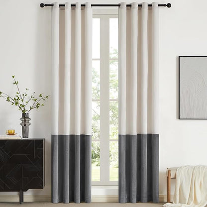 BULBUL Color Block Window Curtains Panels 108 inches Long Cream Ivory Grey by ModernShinyVelvetCurtains