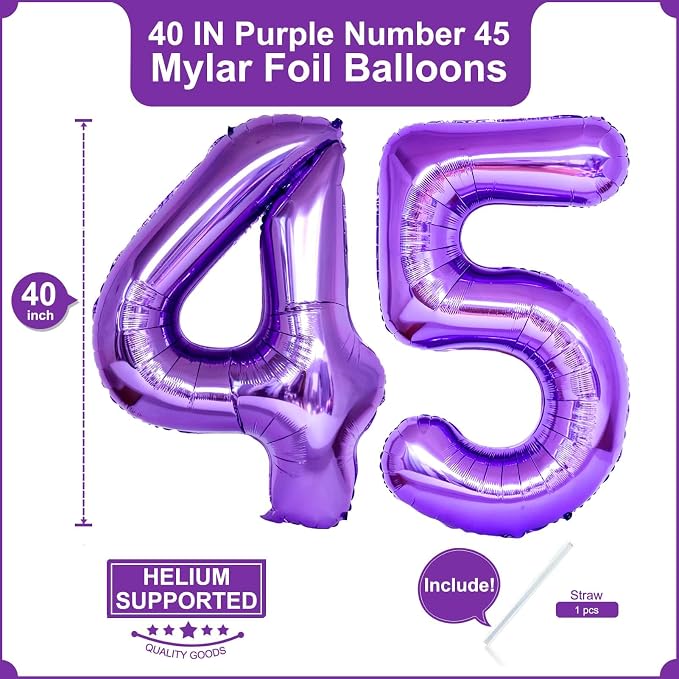 Number 45 Purple Balloons 40 Inch Giant Purple Foil 45 Helium Balloons - Image 2
