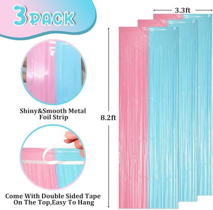 Voircoloria Pastel Blue Pink Foil Fringe Backdrop Curtains, 3 Pack - Image 2