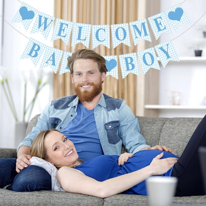 Hahafelt 1 Pcs Blue Gingham Welcome Baby Boy Banner - Image 5