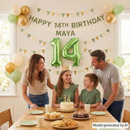 Shiny Metallic Light Green Foil Finish Number 14 Balloon, Botanical Themed - Image 3