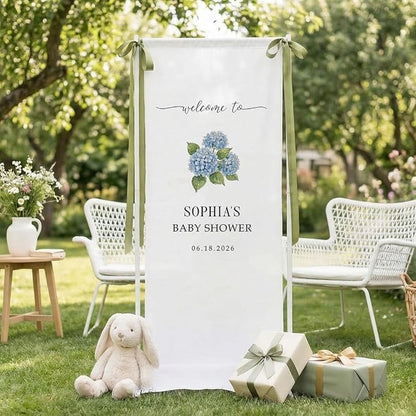 Custom Fabric Baby Shower Welcome Sign, Hydrangea Floral Banner, Personalized - Image 2