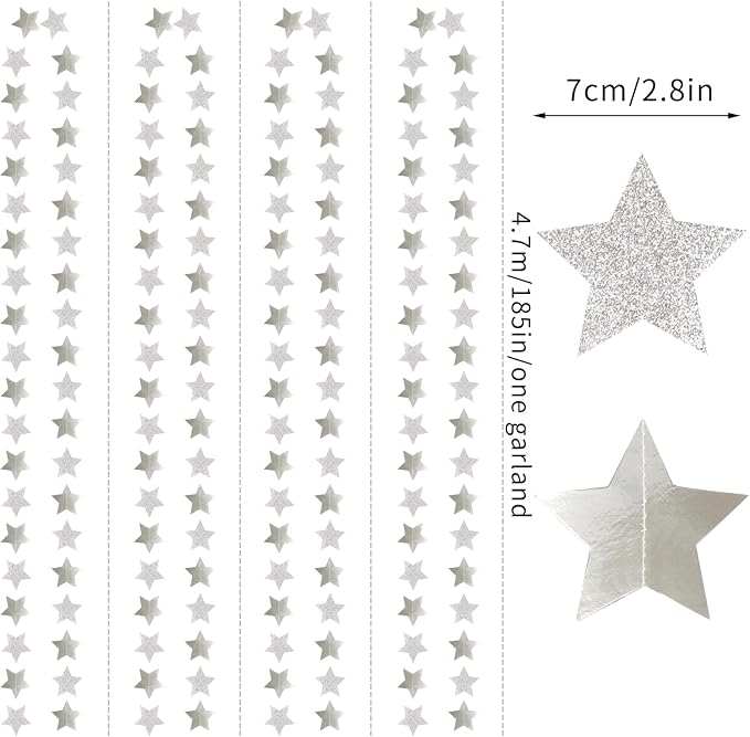 Glitter-Silver Party-Decorations Star Christmas Garland - 62ft Birthday Twinkle - Image 2