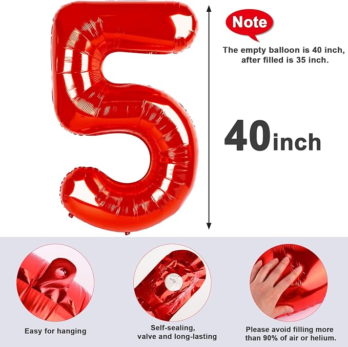 Number 5 Balloons 40 Inch Red Balloon - Image 6