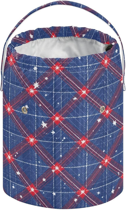Blue Retro Plaid Stars Yarn Bag Small Crochet Bag Drawstring Yarn Storage - Image 2