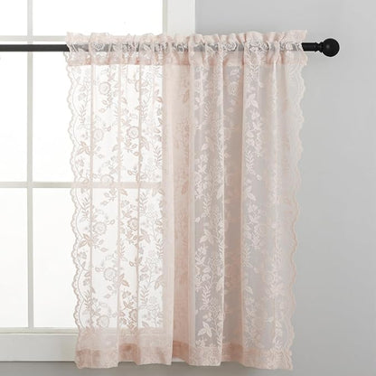 Short Blush Lace Curtains Rustic Leaf Floral W42 x L45 Inch 2 Panels | Rod - Image 4