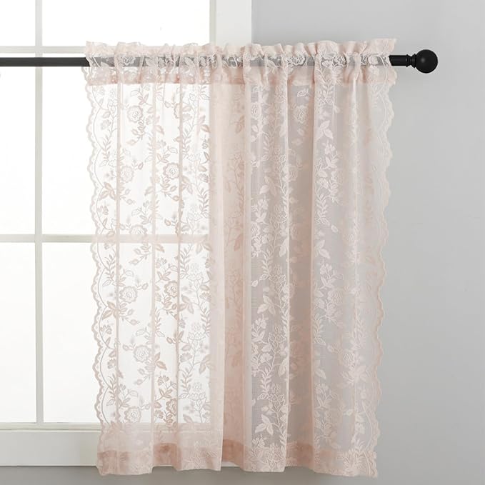 Short Blush Sheer Curtains Rustic Leaf Floral W42xL36 Inch 2 Panels | Rod Pocket - Image 4