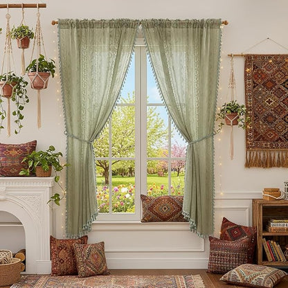 WAZZIO Boho Lace Curtains 2 Panels 63 Inch -Vintage Victorian Sheer Panel Drape - Image 2