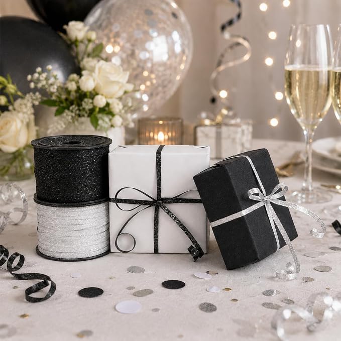 BEISHIDA 2 Rolls White and Black Glitter Ribbon Curling Crimped, Glitter Ribbon - Image 6