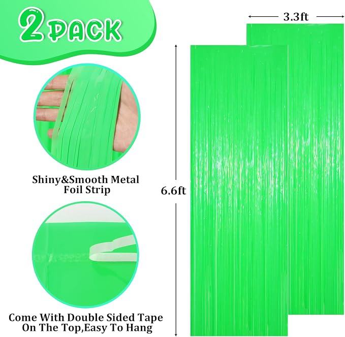 Voircoloria Pastel Green Foil Fringe Backdrop Curtains, 2 Pack | Tinsel - Image 3