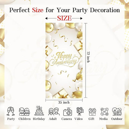 Happy Anniversary Backdrop Banner White Gold Elegant Door Cover Photography - Image 6