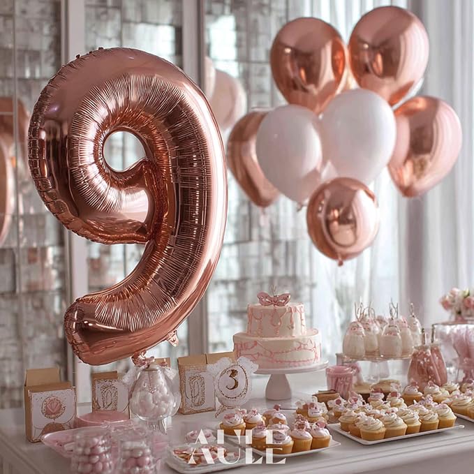 AULE 40 Inch Rose Gold 9 Balloon Number Foil 0-9 Birthday Big Numbers | - Image 4