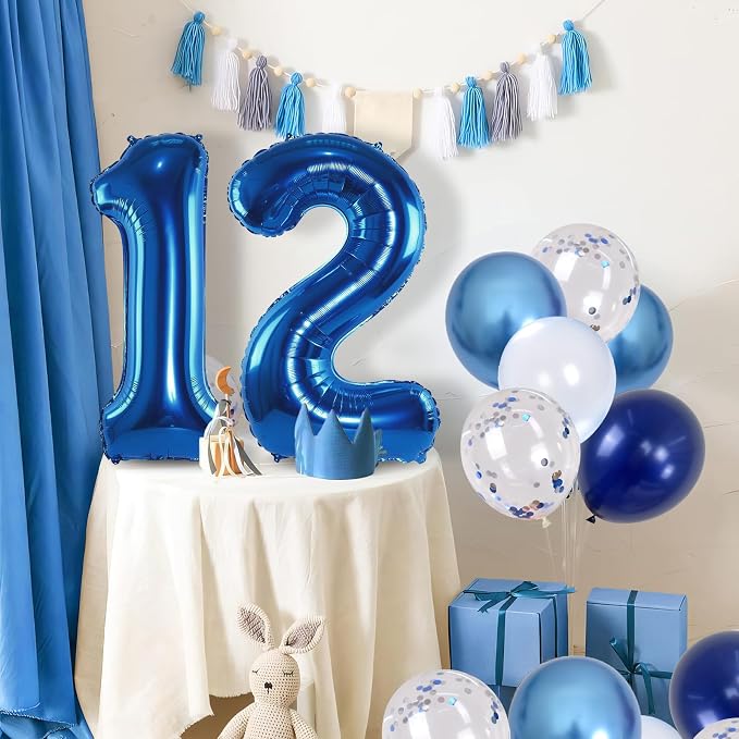 Navy Blue 12th Birthday Giant Self Inflating Number 12 Balloon, Metallic Dark - Image 6
