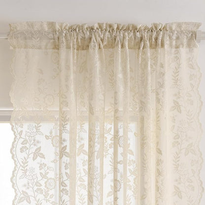 FINECITY Beige Lace Curtains for Living Room Floral 52 x 84 Inch, 2 Panels | - Image 4
